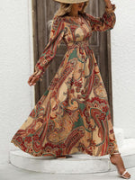 Smocked Printed V-Neck Flounce Sleeve Dress - Ladyez