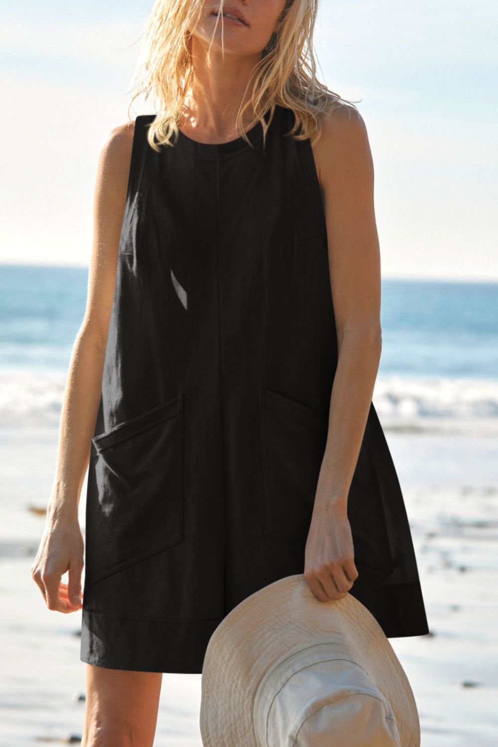 Lovelet Round Neck Sleeveless Romper with Pockets - Ladyez