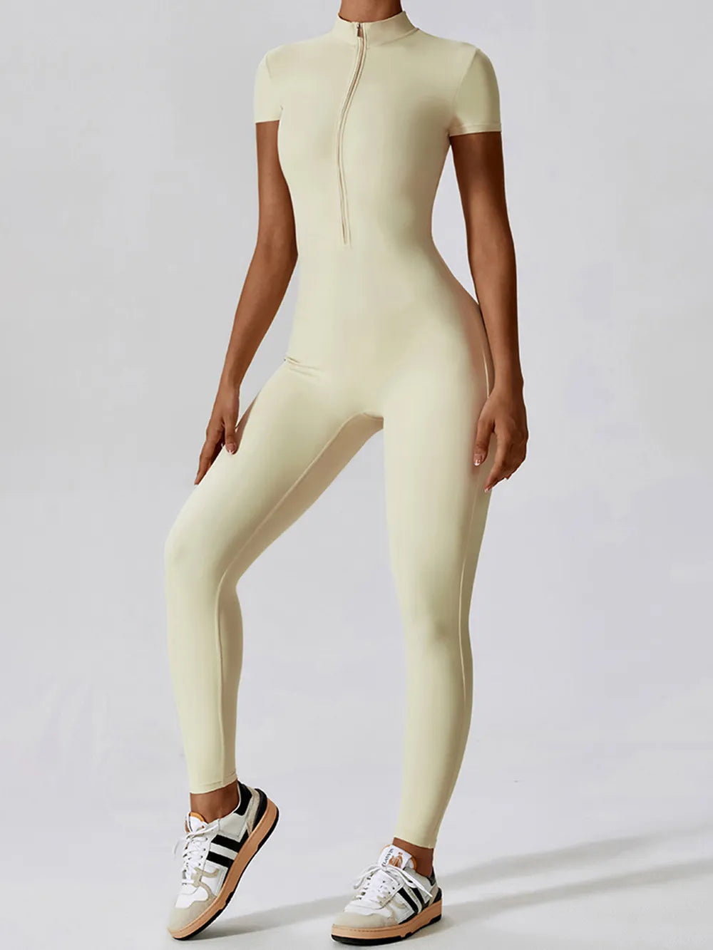Basic Bae Half Zip Short Sleeve Active Jumpsuit - Ladyez