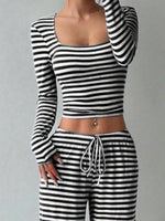 Striped Long Sleeve Crop Top and Wide Leg Pants Set