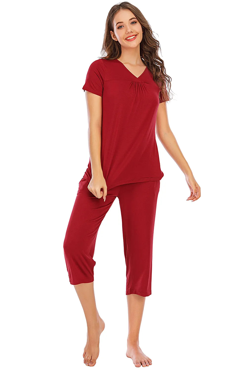 V-Neck Short Sleeve Top and Pants Lounge Set - Ladyez