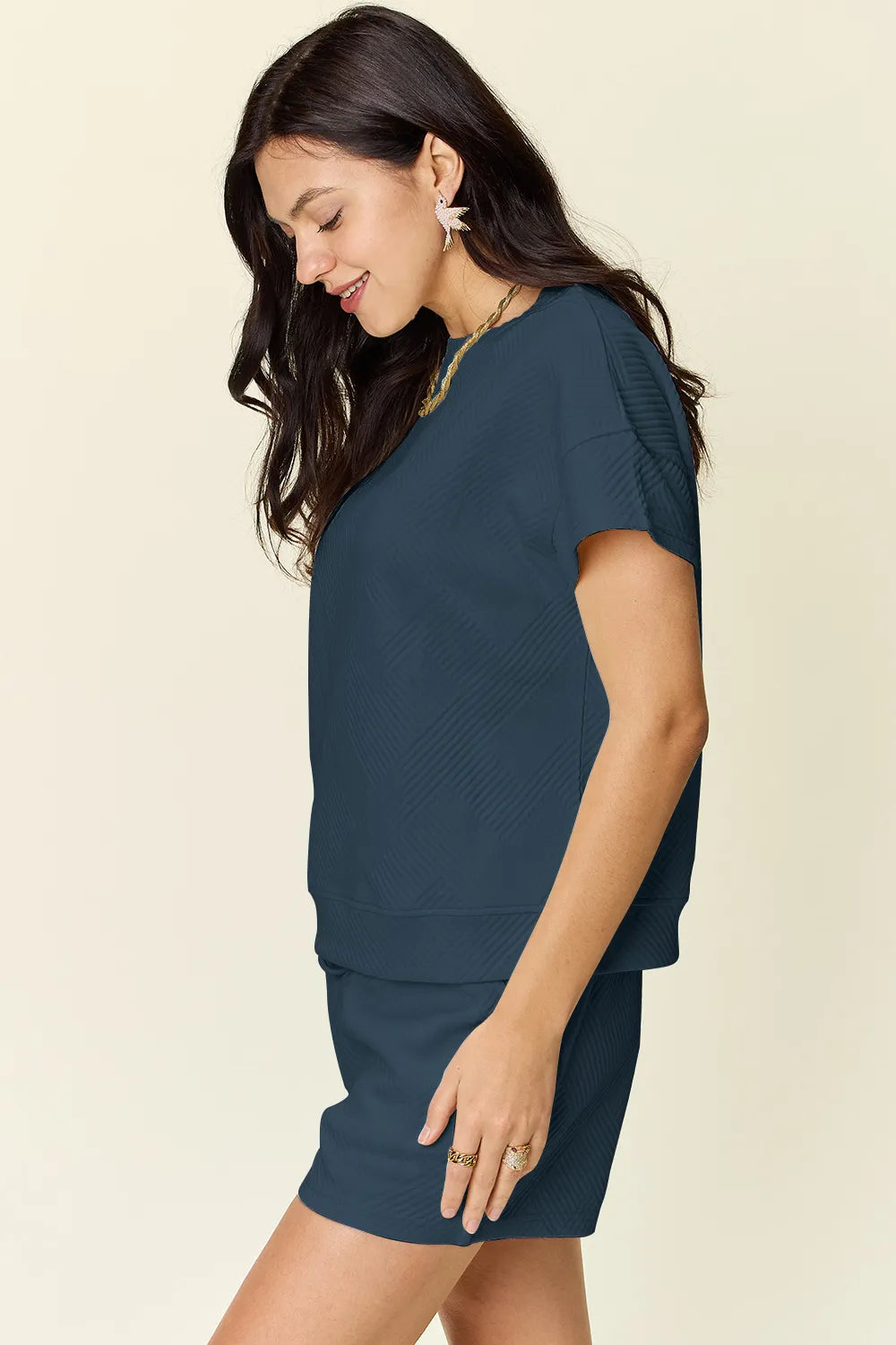 Double Take Full Size Texture Short Sleeve T-Shirt and Drawstring Shorts Set - Ladyez