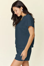 Double Take Full Size Texture Short Sleeve T-Shirt and Drawstring Shorts Set - Ladyez
