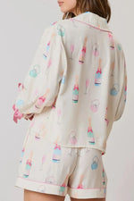 Bow Printed Collared Neck Top and Drawstring Shorts Lounge Set - Ladyez