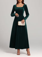 Velvet Square Neck Long Sleeve Dress - Ladyez
