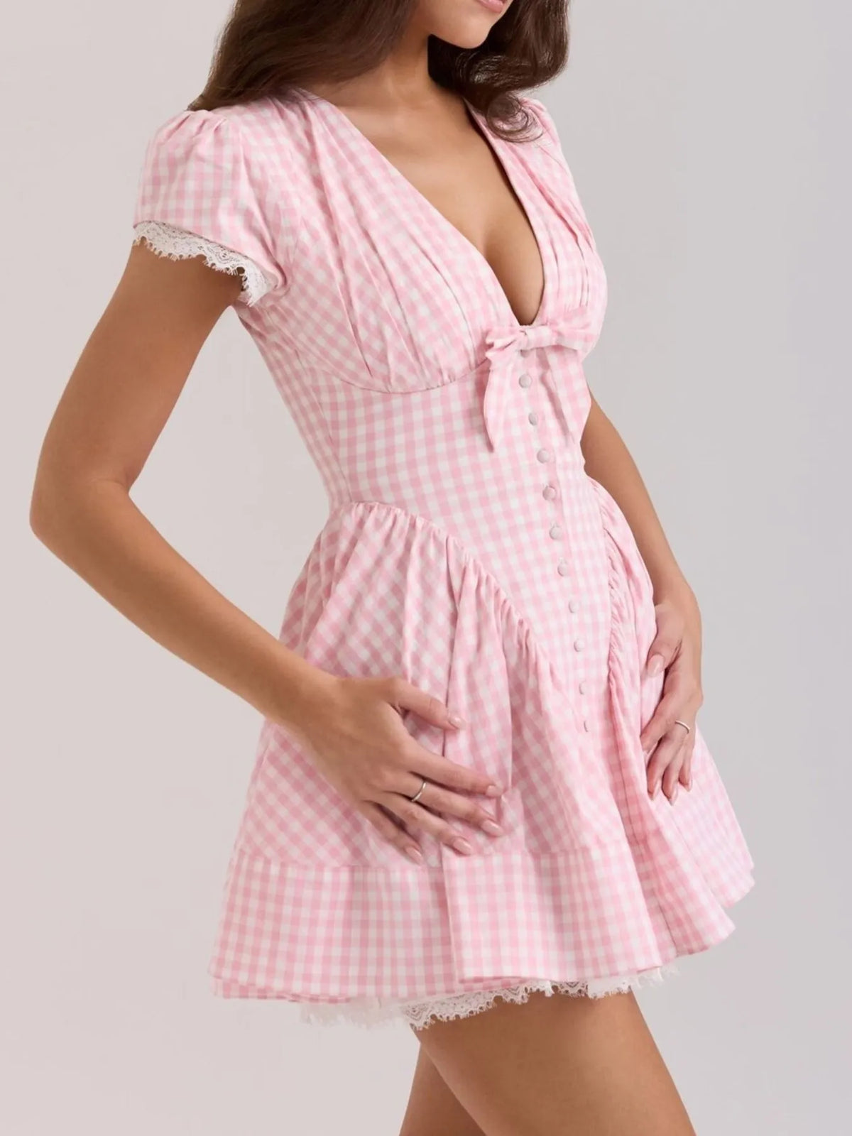 Gingham Ruffle Mini Dress with Lace Trim - Ladyez