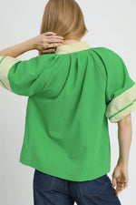Umgee Contrast Trim Notched Puff Sleeve Blouse