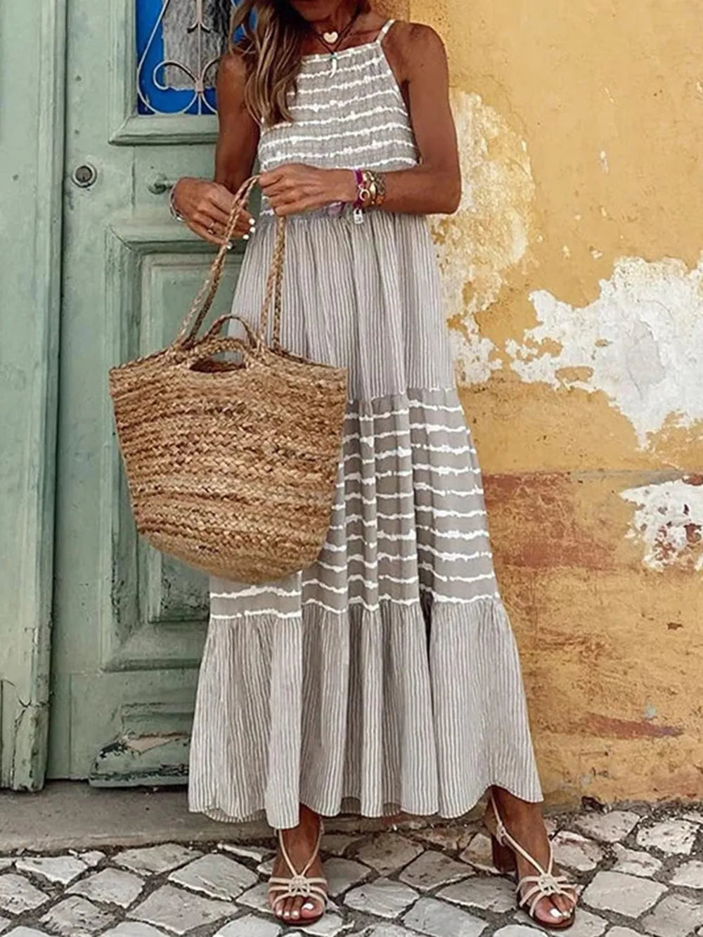 Tiered Striped Sleeveless Cami Dress - Ladyez