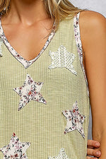 POL Floral Print Star Patch V-Neck Ribbed Tank