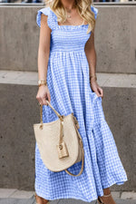 Full Size Smocked Ruffled Plaid Ruffle Hem Dress - Ladyez