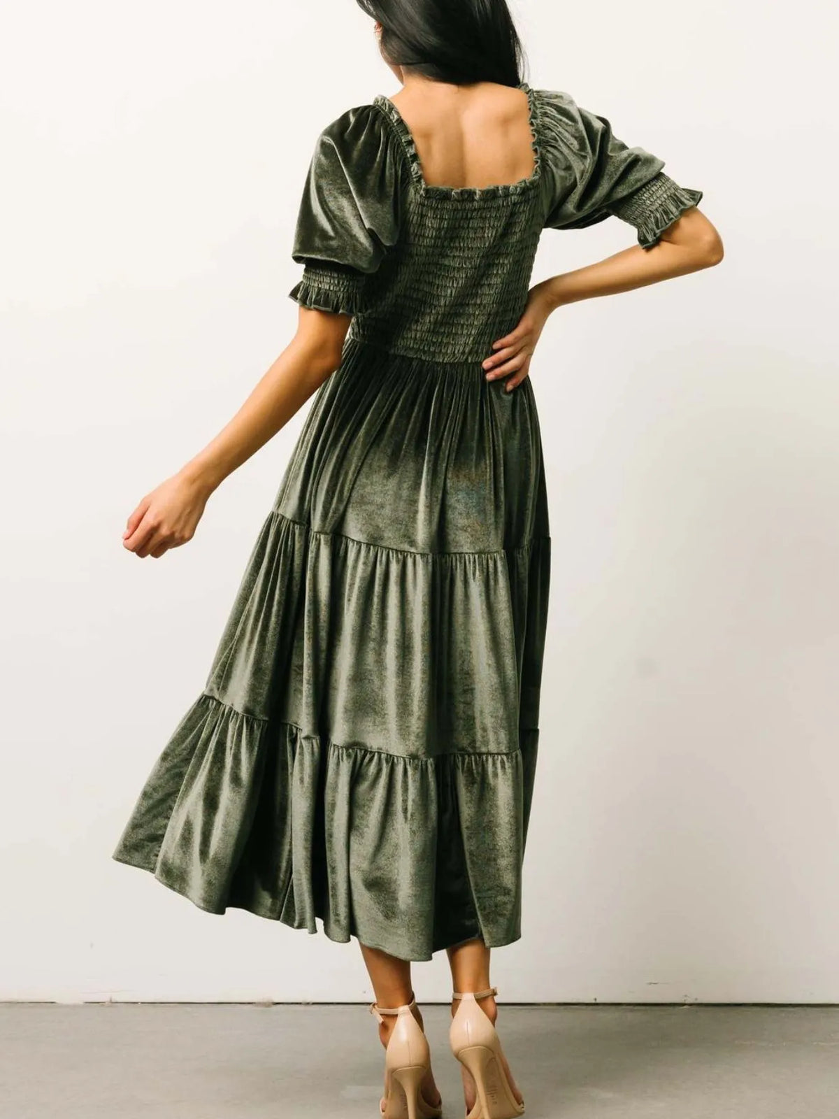 Smocked Half Sleeve Tiered Midi Dress - Ladyez