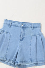 Pleated Patchwork Panel Lightweight Denim Shorts