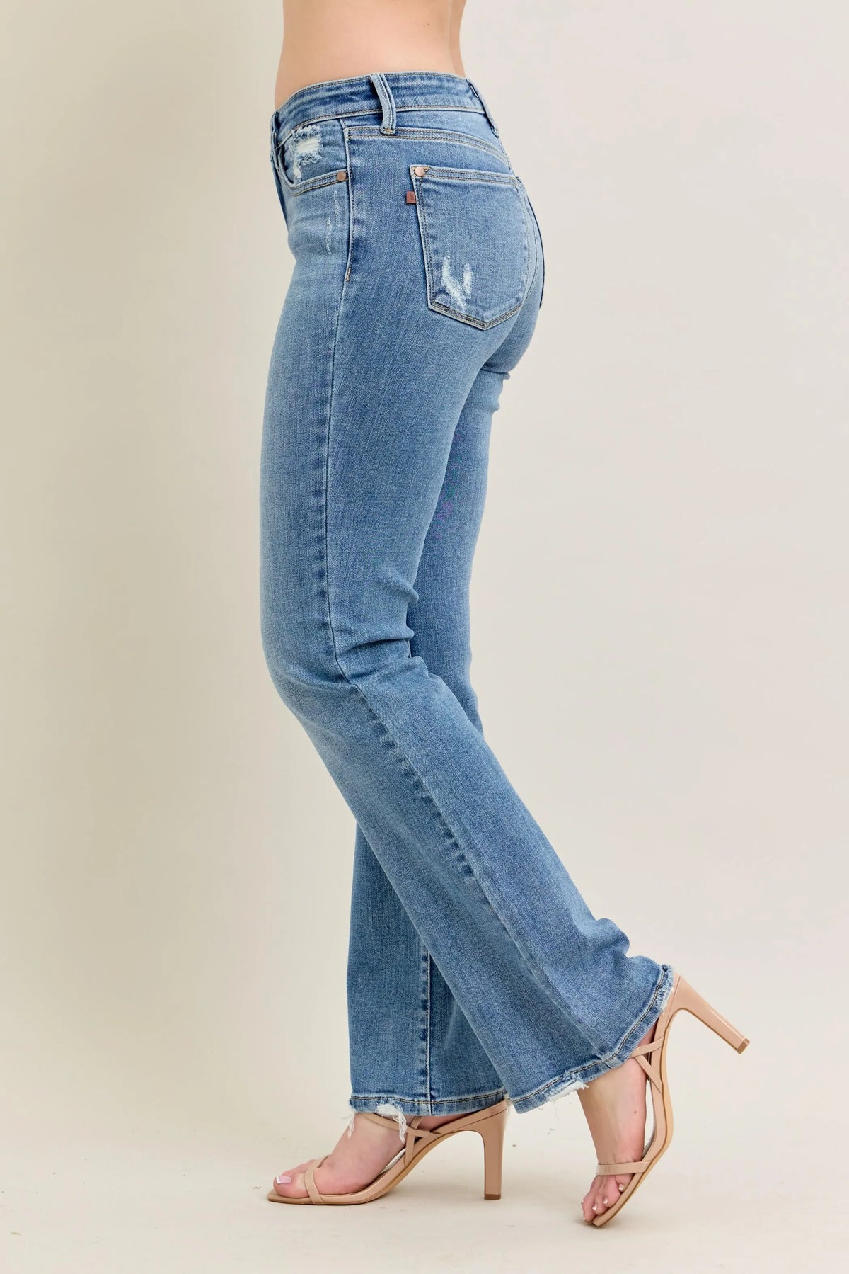 Judy Blue Full Size Mid Rise Wash Destroy Hem Bootcut Jeans Plus Size - Ladyez