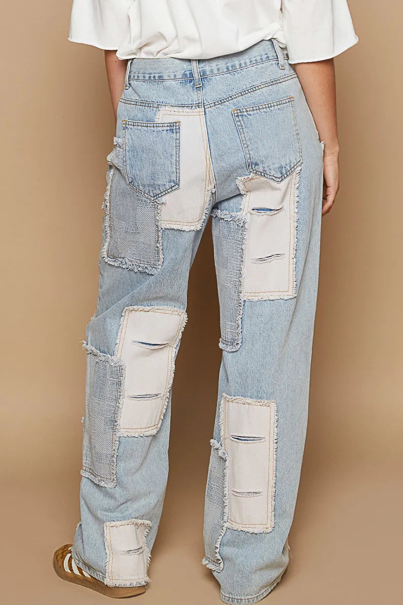 POL Contrast Patched Raw Hem Straight Jeans - Ladyez