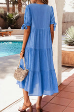 Notched Short Sleeve Tiered Midi Dress