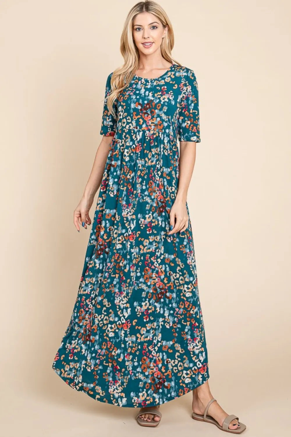 BOMBOM Printed Shirred Maxi Dress - Ladyez