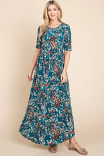 BOMBOM Printed Shirred Maxi Dress - Ladyez