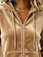 Full Size Velvet Zip-Up Outerwear with Drawstring Plus Size