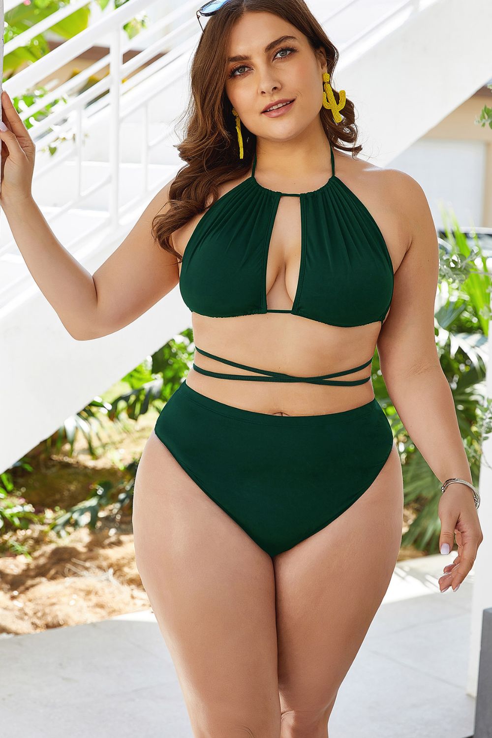 Plus Size Cutout Tied Backless Bikini Set - Ladyez
