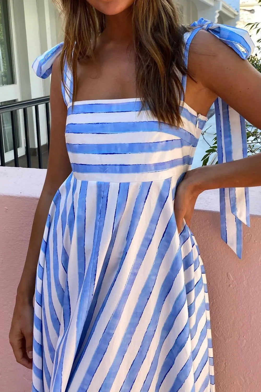 Striped Square Neck Wide Strap Dress - Ladyez