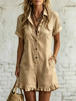 Full Size Button Front Ruffled Hem Romper Plus Size