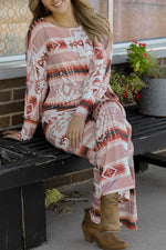 Geometric Top and Drawstring Pants Lounge Set - Ladyez