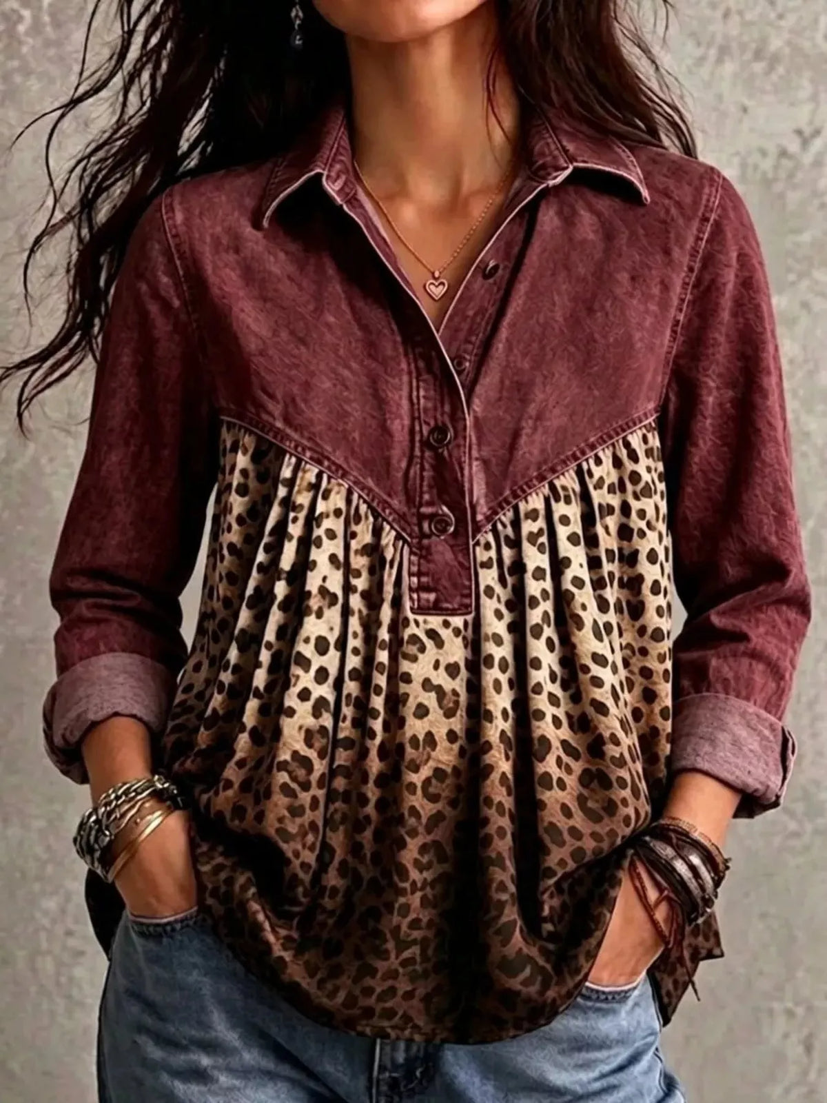 Full Size Leopard Button Detail Blouse Plus Size