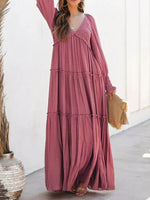 V-Neck Long Sleeve Tiered Maxi Dress