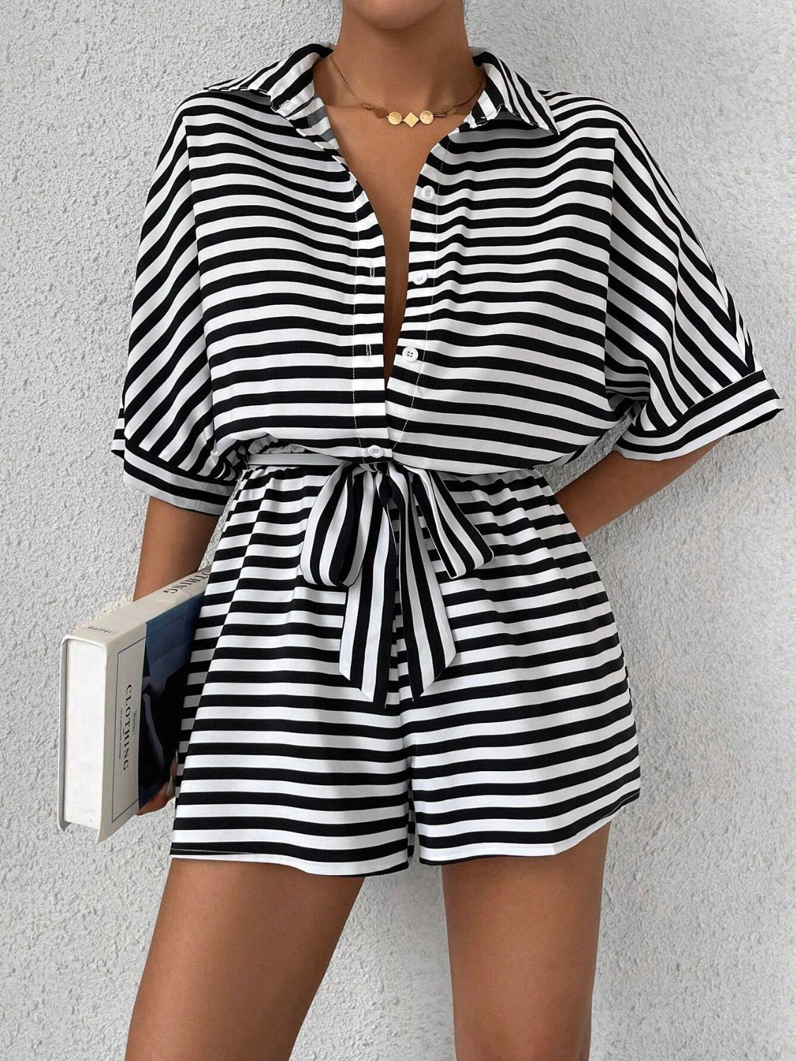 Tie Waist Half Button Striped Romper - Ladyez