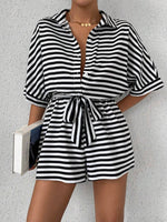 Tie Waist Half Button Striped Romper - Ladyez