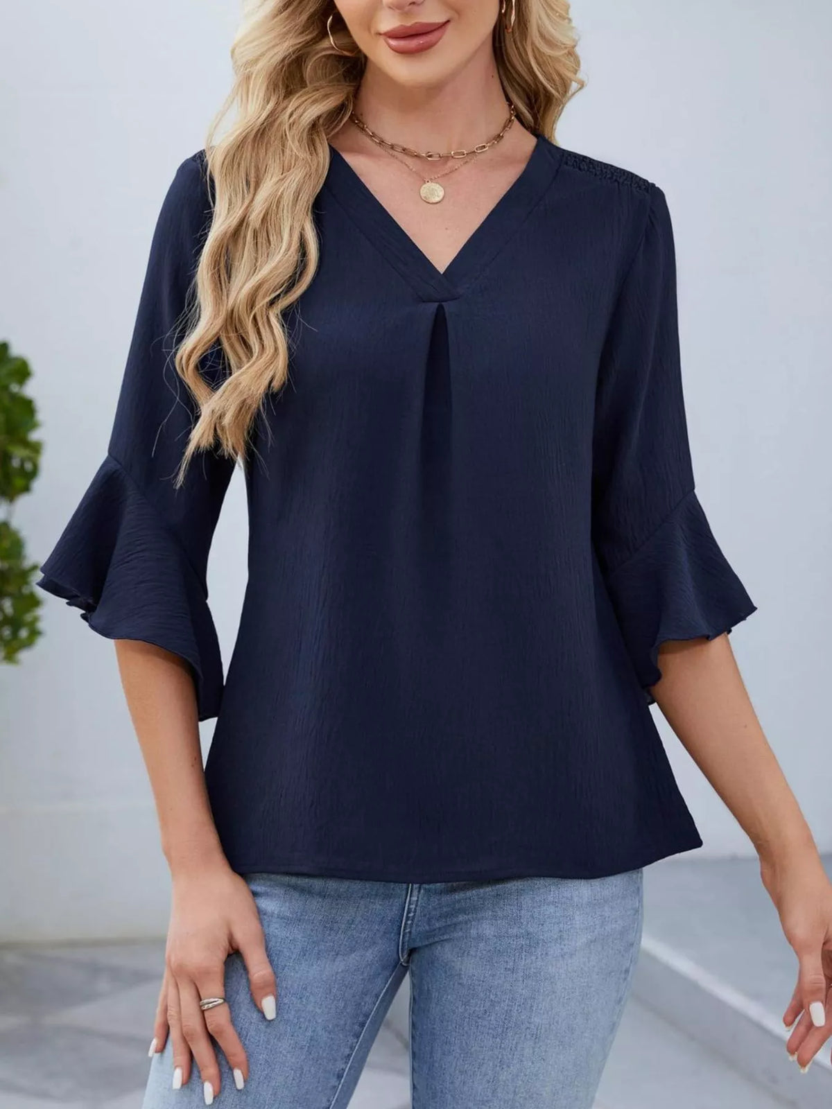 V-Neck Ruffle Sleeve Blouse