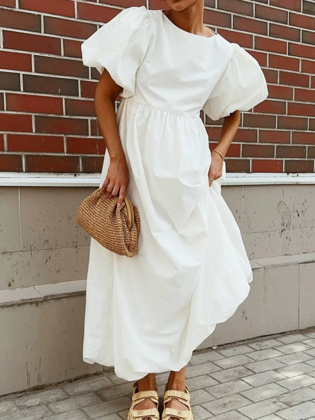 Puff Sleeve Round Neck Maxi Dress - Ladyez