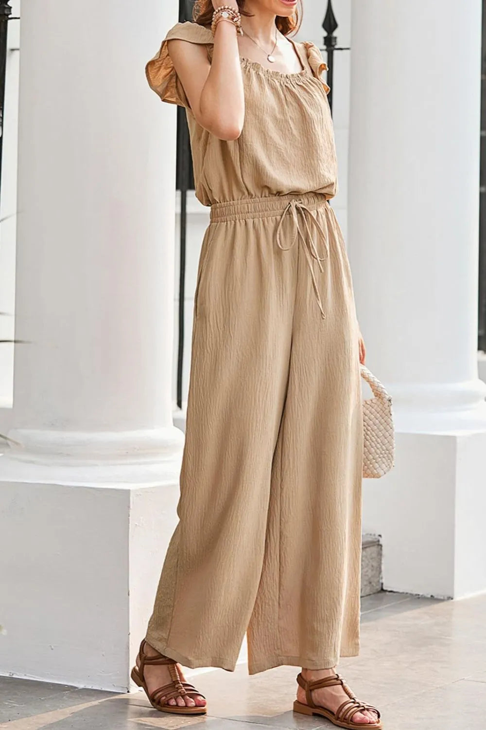 Ruffled Cap Sleeve Wide Leg Jumpsuit - Ladyez