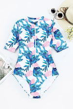 Printed Notched Half Sleeve One-Piece Swimwear - Ladyez