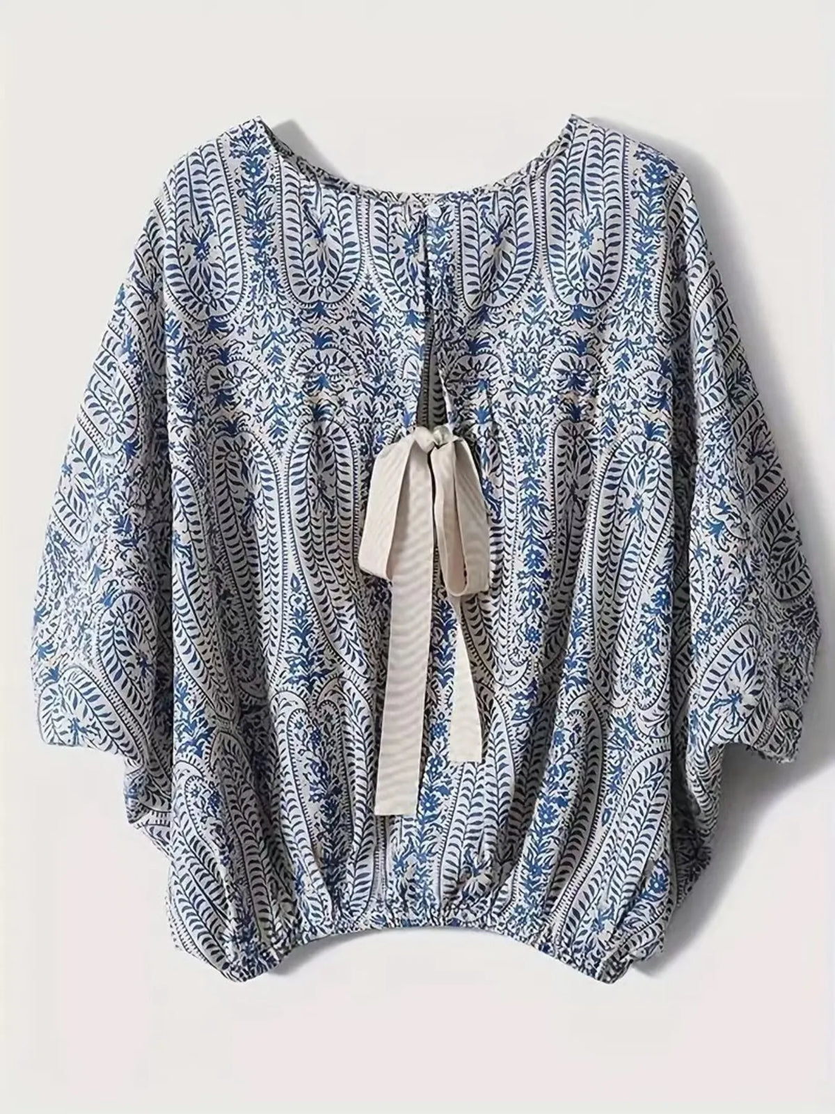Bohemian Print Round Neck Loose Batwing Sleeve Blouse - Ladyez