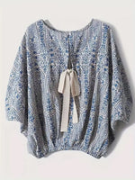Bohemian Print Round Neck Loose Batwing Sleeve Blouse - Ladyez