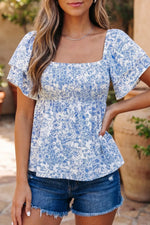 Floral Print Square Neck Ruffled Sleeve Shirred Babydoll Blouse