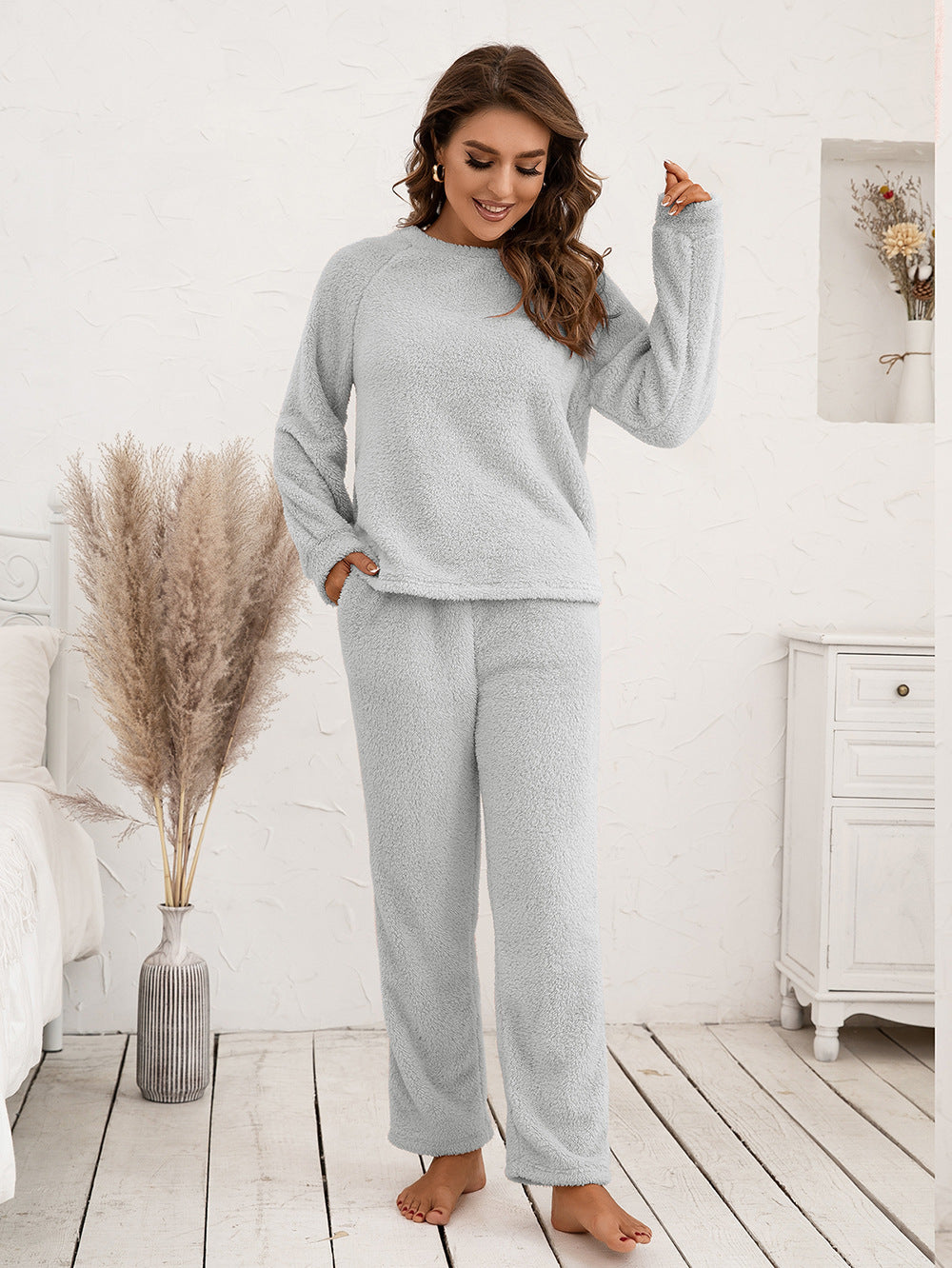 Ivy Lane Teddy Long Sleeve Top and Pants Lounge Set - Ladyez