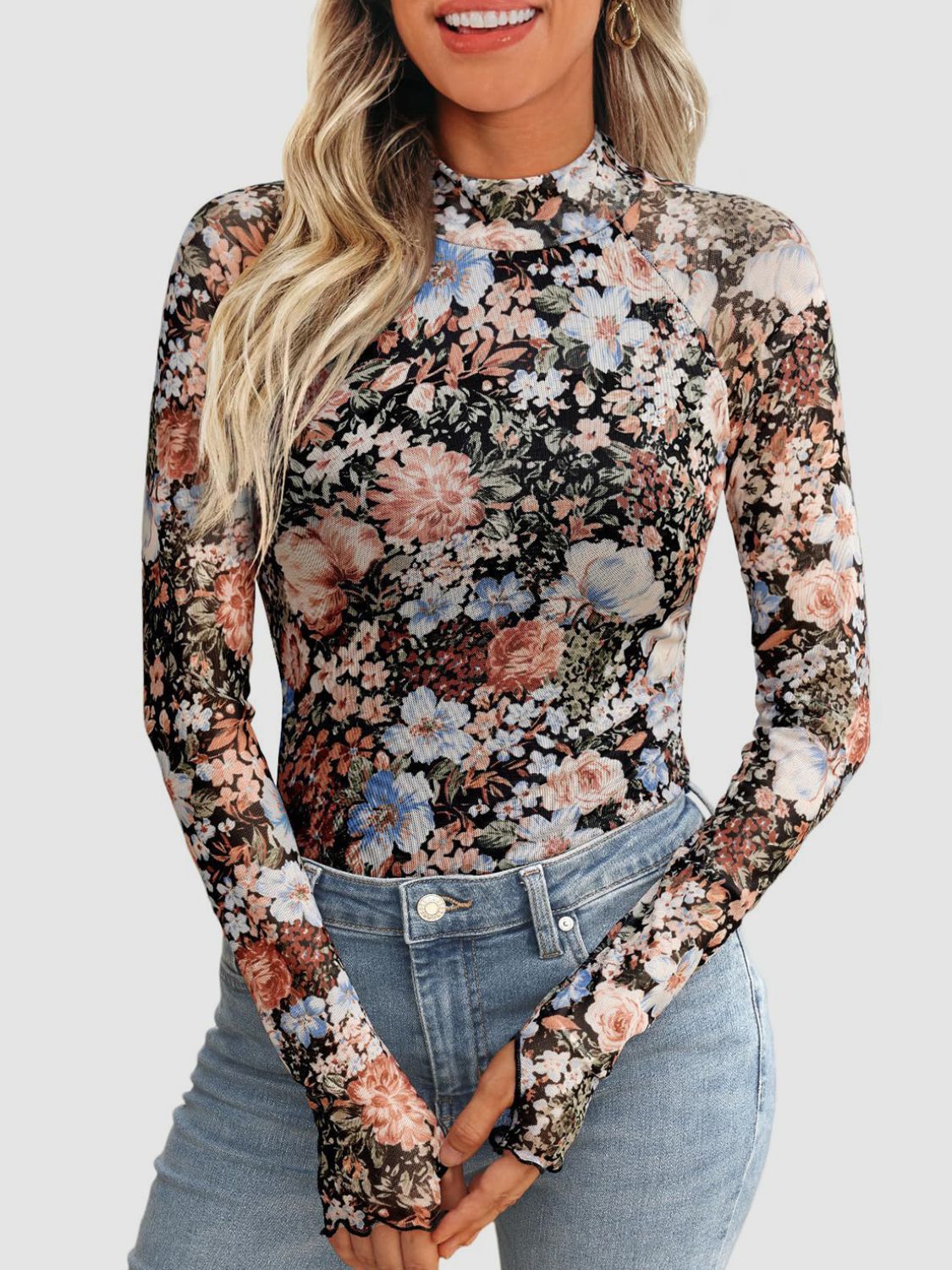 Floral Mock Neck Long Sleeve T-Shirt - Ladyez