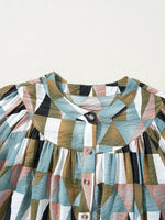 Geometric Print Buttoned Balloon Sleeve Loose Fit Shirt