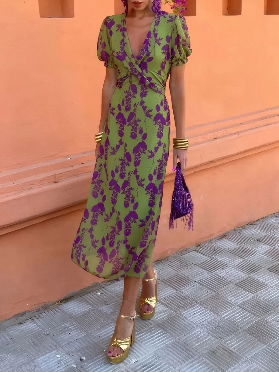 Printed Plunge Short Sleeve Midi Dress - Ladyez
