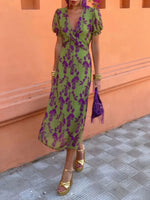 Printed Plunge Short Sleeve Midi Dress - Ladyez