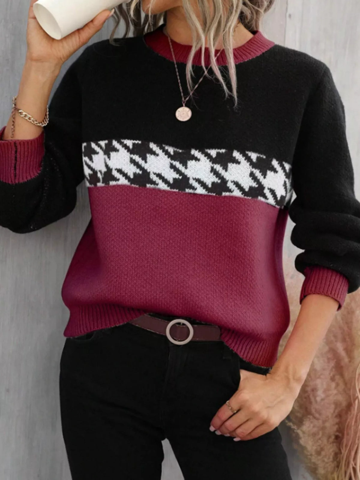 Color Block Houndstooth Sweater