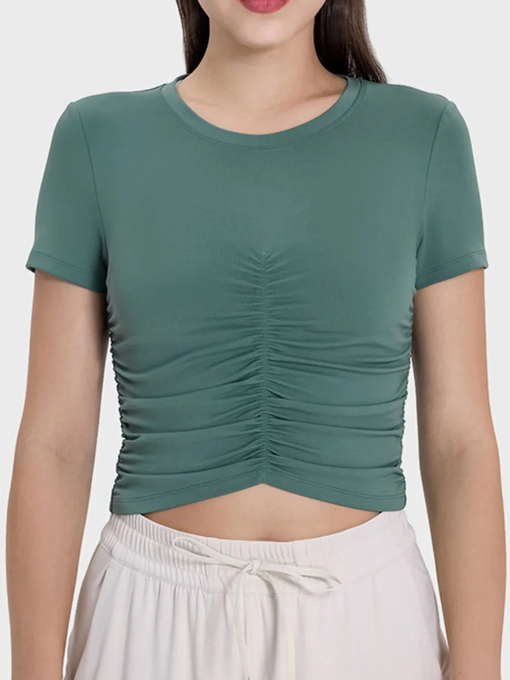 Millennia Ruched Round Neck Short Sleeve Active T-Shirt - Ladyez