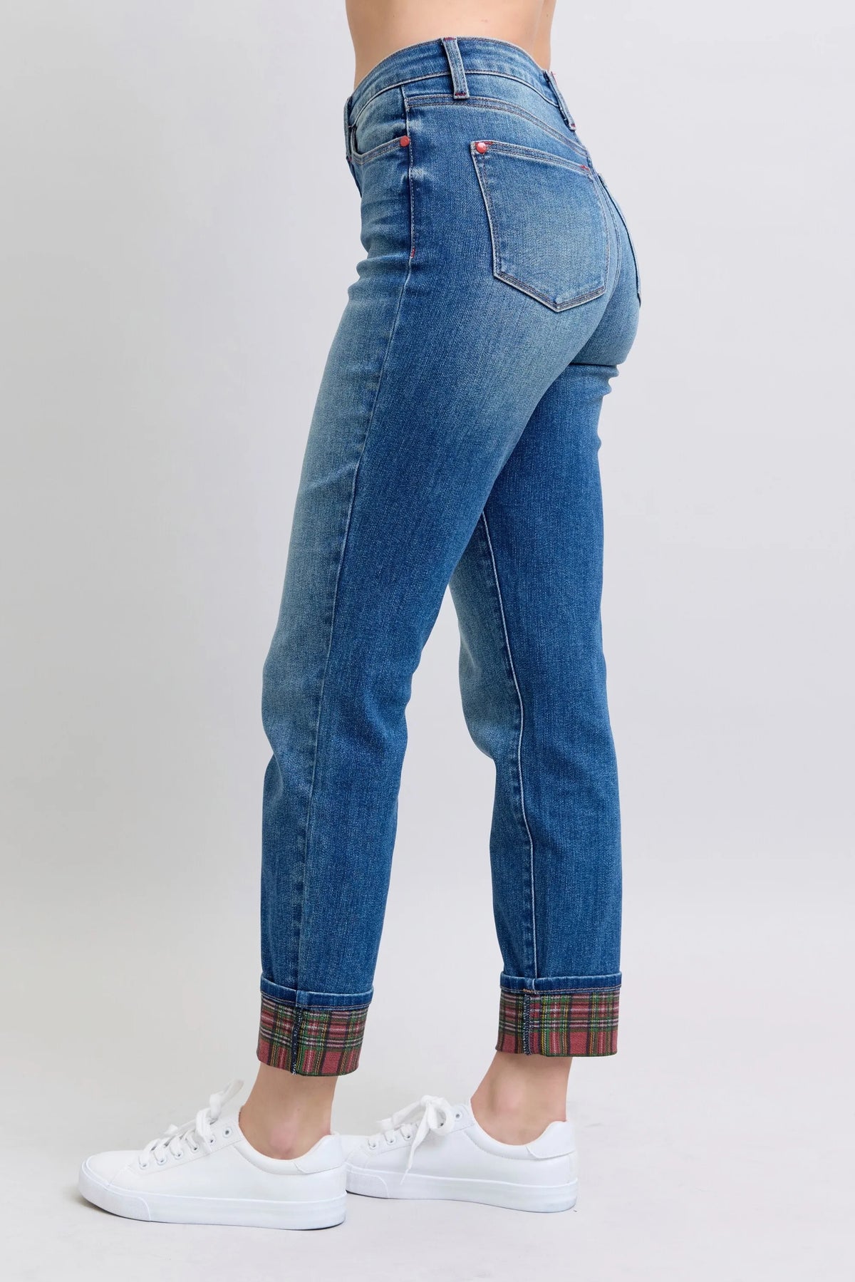 Judy Blue Full Size Mr Plaid Print Cuff Bf Jeans Plus Size - Ladyez