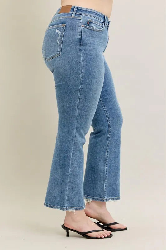 Judy Blue Full Size Mid Rise Wash Destroy Hem Bootcut Jeans Plus Size - Ladyez