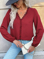 Lace Detail V-Neck Long Sleeve Blouse