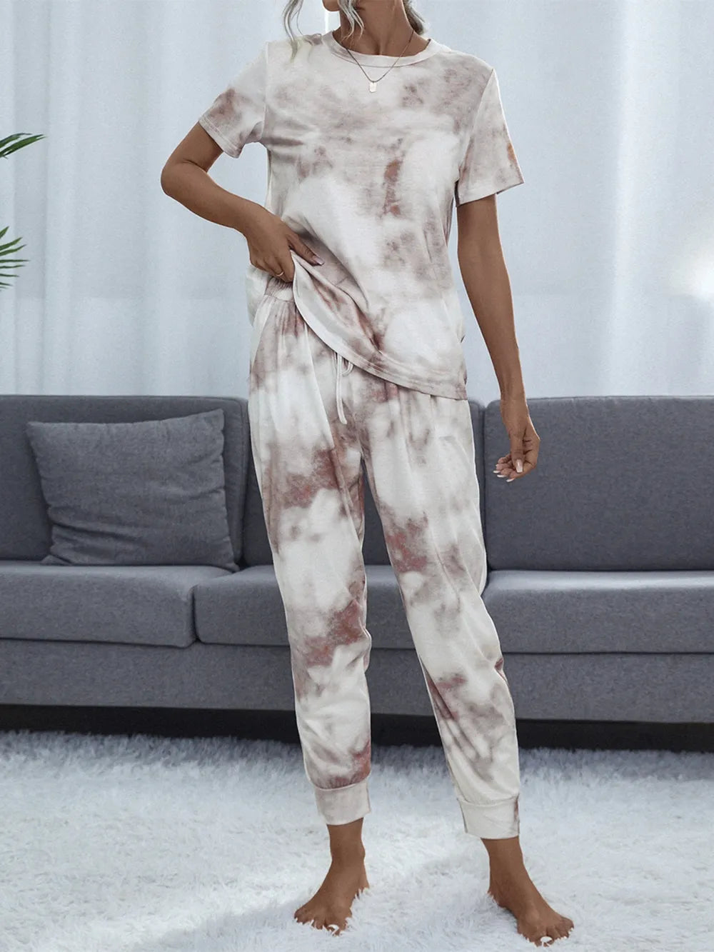 Shiny Tie-Dye Round Neck Short Sleeve Top and Pants Lounge Set - Ladyez