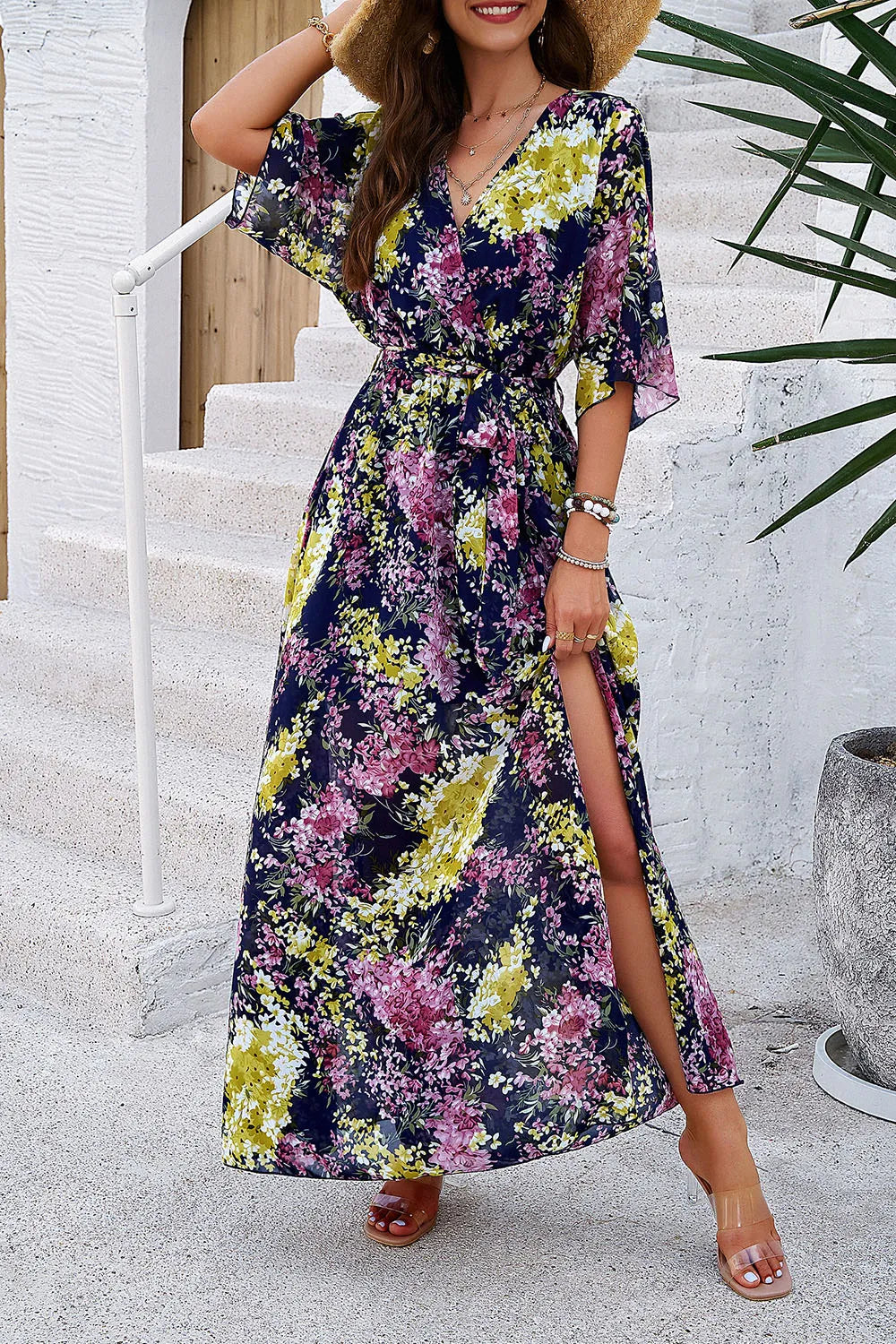 Devine Printed Tied Half Sleeve Slit Dress - Ladyez