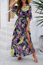 Devine Printed Tied Half Sleeve Slit Dress - Ladyez